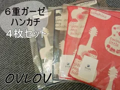 GY108-4 OVLOV　オブラブ　６重ガーゼ　ハンカチ　ギター　ネイビー　レッド　綿１００％　日本製　ベビー用品　４枚セット　新品
