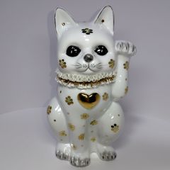 新品未使用✨招き猫 九谷焼き 友山窯 陶器製 置物 左手金運 花むらさき