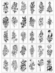 タトゥーシール ボディーシール 30枚セット 防水 TATTOO 入れ墨シール 薔薇 モノトーン フラワーアレンジメント 018