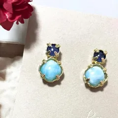 宝石質ブルーサファイアAAA  ラリマーAA スクエア ピアス　チタン