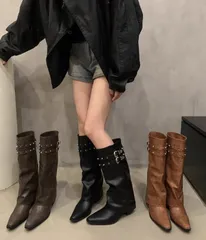 レザー調ロングブーツ ウエスタン 足長スタッズ 韓国色3色 S3372