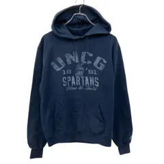 Champion プリント スウェット パーカー S ネイビー チャンピオン 裏起毛 袖ワンポイント 刺繍ワッペン 古着卸 アメリカ仕入 a708-6120