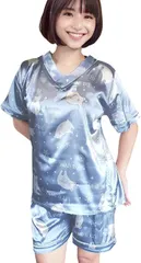 Sweet Baku SweetBaku レディースルームウエア パジャマ 部屋着 半袖 Vネック ショートパンツ 上下セット(ブルークマ,  S Regular)