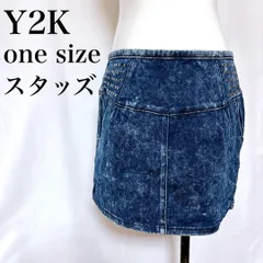 Y2K デニムミニスカート スタッズ付タイトスカート ヴィンテージウォッシュ加工 used in Japan