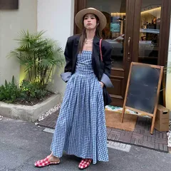 オフショルダー マキシ ロング ワンピース ギンガムチェック【0914】