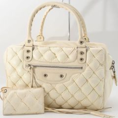 BALENCIAGA バレンシアガ ザ・マトラッセ キルティング ミニボストンバッグ ハンドバッグ レザー ホワイト ミラー付 レディース （186）