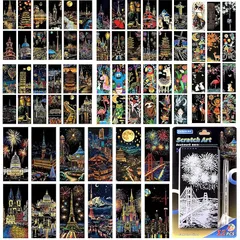 Lakymisy 6組 スクラッチアート 合計72枚 ラッチボード カラフラ ペーパーアート 面白い 塗り絵 有名な観光地 花火 夜景 かわいい 動物 お絵描き 削るだけで美しいアート 子供プレゼント スクラッチペン付け 15.5cm*7cm 1