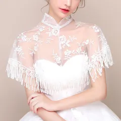 ウェディング ボレロ 花柄 刺繍 レース ショール ケープ 羽織り ホワイト 立ち襟 二の腕カバー 結婚式 二次会 披露宴 前撮り パーティー 花嫁 ブライダル ドレス小物 上品 清楚 レディース