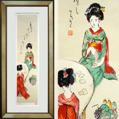 版画　竹久夢二 「二人舞妓」 リトグラフ　額付き　たて長の絵　美人画　大正ロマン　着物の女性　彦乃　たまき　お葉　竹久　夢二　Yumeji 【YE387】