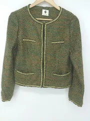 ◇ BouJeloud ブージュルード ノーカラー ミリタリー 長袖 ジャケット サイズ38 グリーン マルチ レディース P  【1307040002384】