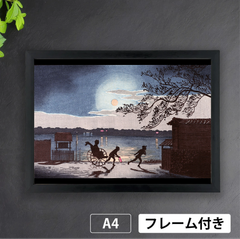 小林清親「大川岸一之橋遠景」（1880年）　版画　明治時代　夜　月　人力車　東京　日本画　和　アートポスターA4　マット紙【フレーム付】《JP》