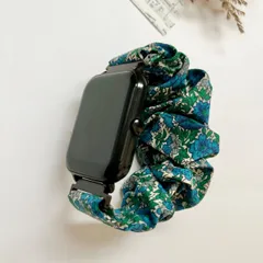 肌に優しい楽ちんシュシュベルト スマートウォッチ バンド 20mm 22mm 青緑　花柄　リバティ生地使用