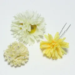 【3点セット 黄色、ベージュ、白】ピンポンマム ミニお花かんざし１本 コサージュ2つ  ケースつき 親子お揃い 髪飾り 成人式 卒業式　着物　袴 浴衣 まとめ髪 くるりんぱ　ヘアアレンジ 和装　七五三