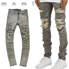 mnml X284 MOTO PAISLEY クラッシュ リペア スキニー デニム パンツ グレー 灰 STRETCH SKINNY DENIM Grey ミニマル