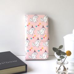 ＜iPhone系②＞パーティ猫の手帳型スマホケース／ピンク