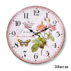【新品/未使用】clock26 グラフィックダイヤルクロック 壁掛け時計 薔薇と蝶 オールドローズ ボタニカル柄 直径33cm
