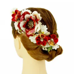 髪飾り 成人式 振袖 袴 ２点セット 赤 白 大人 かんざし 簪 卒業式 フォーマル 結婚式 花飾り つまみ細工 ちりめん 手作り W65 W304-280 髪飾り 赤 n977　WSi