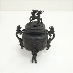 銅香炉　骨董品 万菊香炉 高岡銅器 佐野宏采 香炉 骨董品置物 菊尽紋 透蓋 三足