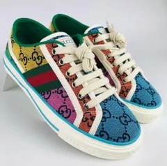 新品同様★GUCCI・グッチ【TENNISライン】レディース GGモノグラム総柄 ウェブストライプ エンボス加工GG スニーカー(35.5)イタリア製 ブラック カジュアル レディースシューズ 靴 ブランド マルチカラー