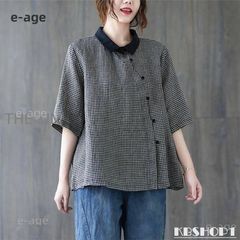 夏 シャツ ブラウス ス レディース 半袖 綿 チェック柄 前開き 5分袖 折り襟 通気性いい 大人カジュアル 着痩せ オシャレしながら体型カバー