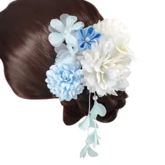 高級造花 髪留め 結婚式 卒業式 ヘアアクセサリー 和装 振袖 着物 袴 花 4カラー 4点セット 飾り 髪 成人式 (ブルー) 七五三 浴衣 髪飾り OTAKUMARKET