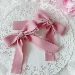 ❤️137ベロア×レース サークルバックルストロベリーリボンクリップ❤️ ピンク