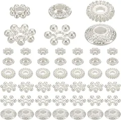 PH PandaHall 300個 合金 スペーサービーズ 6種類 菊座 花座 座金 ロンデル メタルビーズ チベット風 ジュエリー製作 アクセサリーパーツ DIY用 クラフト 手作り素材(シルバー,  5～8x1.5～3.5ミリメートル)