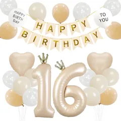 新品 16歳 誕生日 バルーン 風船 飾り付け セット くすみ カラー 40インチ 大きい 王冠 数字 ナンバー 付き HAPPY BIRTHDAYガーランド 男の子 女の子 ハッピーバースデー 飾り