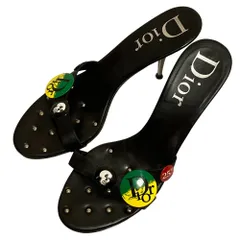 美品 Christian Dior クリスチャンディオール 缶バッチモチーフ ヒールサンダル サイズ37.5 約24.5cm ブラック レディース 古着 中古 USED