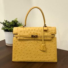[人気商品]MORABITO モラビト スカラ28 オーストリッチハンドバッグ ケリー型 クラシックバッグ イエローベージュ キナリ フォーマル ヴィンテージ