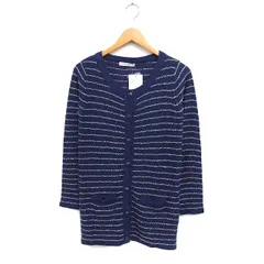 グローブ grove タグ付き ロング カーディガン 丸首 ボーダー柄 リボンポケット M ネイビー 紺 /FT13