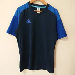 (^w^)b adidas アディダス ドライ Tシャツ カットソー 半袖 トップス ロゴ プリント Vネック トレーニング スポーツ 運動 ジム climalite シンプル カジュアル ネイビー ブルー メンズ サイズM