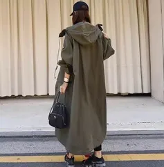 アウター モッズコート スプリングコート トレンチコート ストレート フード付き ロング丈 ロング 長袖 Vネック 襟あり 前開きボタン ハイウエスト 体形カバー かわいい きれいめ シンプル カジュアル 大人 上品 おしゃれ こなれ感 ラフ マニッシュ スポ