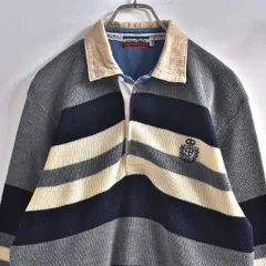 80〜90s 日本製 uomomax 襟コーディロイ切替デザイン パネルボーダー ニット ポロシャツ ジャパン ヴィンテージ セーター ビンテージ古着 メンズL相当