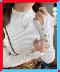 新品 ボトルネックニットトップス レディース 袖口ボタン プチハイネック 秋服 長袖 きれいめ おしゃれ 【送料無料】