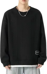 Four leaf おしゃれxスッキリ 重ね着風 メンズ トレーナー トップス カットソー 長袖 スウェット 長袖tシャツ ストリート系 ロンティー レイヤード 丸首 エンボス加工 無地(ブラック,  M)