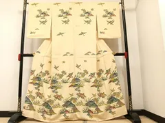 平和屋着物●訪問着　型染め　飛鶴風景草花文　金彩　正絹　逸品　AAAY6286ph