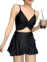 ISLAYCAOLILA モノキニ 水着 ワンピース フレア スカート スイムドレス キャミソール ストラップ 絞り パッド入り ワイヤーなし レディース DN6 レリア( ブラック,  L)