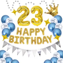 【数量限定】飾り 数字バルーン 組み合わせ 数字誕生日風船 「HAPPY BIRTHDAY」バナー ハッピー バースデー 青いバルーン ゴールド 紙吹雪風船 23歳 星の風船 誕生日 デコレーション きらきら風船 パーティー お祝い