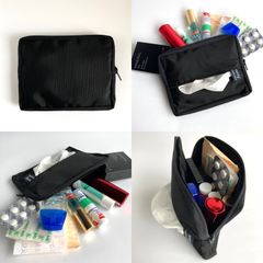 出先で重宝！定番人気！オプションカスタム可／オリジナル ハンドメイド【2way】ポケットティッシュポーチ 薄型 軽量 コンパクト ティッシュケース 一体型 ファスナーポーチ メイク コスメ 化粧ポーチ 小物入れ 撥水 ナイロン ブラック 黒 《選べる2タイプ》