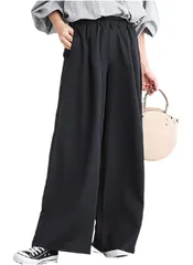 XL_ブラック [エムエルーセ] ガウチョ パンツ ワイド ロングパンツ ロング丈 春夏 体型カバー レディース xl ゴム オシャレ カッコイイ キレイメ ユッタリ ユル 春 ナチュラル カワイイ マタニティ ウエストゴム カジュアル オオキイ ルームウエア
