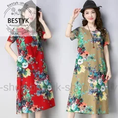 半袖ワンピース 花柄 レディース ワンピース 夏 膝丈ワンピース 薄手 花柄ワンピース 夏ワンピース ミディアム丈ワンピース エスニック柄