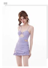 パステルパープル ワンピース 水着 レディース ガーリー セクシー フリル 韓国ファッション カットアウト ハイウエスト 細見え 体型カバー 紫 かわいい 夏 海 プール 映え リゾート　ブルー　プール　海　海水浴　映え　かわいい