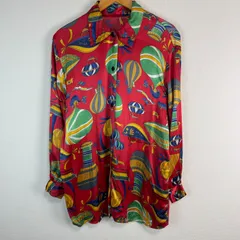 80s 90s 長袖シャツ 柄シャツ 総柄 アート系 気球 レッド メンズ 古着 カジュアル レトロ