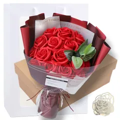 [Capiner] ソープフラワー 花束 結婚記念日 結婚祝い クリスマス 薔薇 プレゼント ギフト 女性 造花 花 誕生日 還暦 母の日 父の日 メッセージカード ショップバッグ付 (レッド) [レッド]
