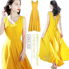 《》バックリボン付きがさりげないアクセントを添える！夏ワンピース マキシ丈 ノースリーブワンピース マキシワンピース 夏 マキシワンピ Vネック Aライン イエロー かわいい送料無料#tfc189