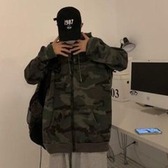 韓国 メンズ 秋冬 迷彩 カモフラ フード付き ジップ パーカー 長袖 大人気