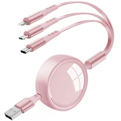 新品 KIYODA 3in1 充電ケーブル 巻き取り式 3イン1 充電コード 3台同時充電 超高耐久 USB Type C ケーブル Micro USB ケーブル Phone Android タイプC iPhone 各種対応- 1.2M ピンク