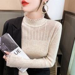 韓国 レディース リブニット セーター レース フリル ベージュ