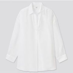 ユニクロ UNIQLO Mサイズ プレミアムリネンスキッパーシャツ 長袖シャツ 白・ホワイト 無地 7分丈 麻 清涼